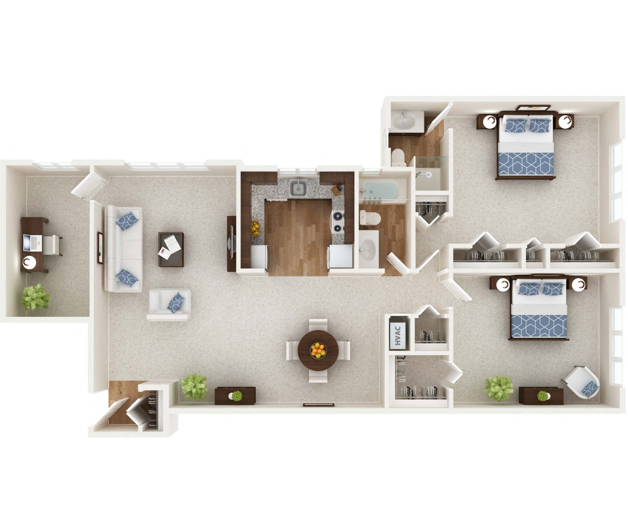 Floor plan for 2 beds, 2 baths, 1350 sqft